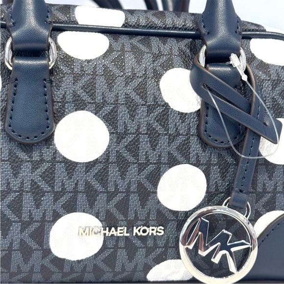 Michael Kors Thompson Extra-Small Polka Dot Signature Logo Satchel Bag Navy Blue - Picture 7 of 10